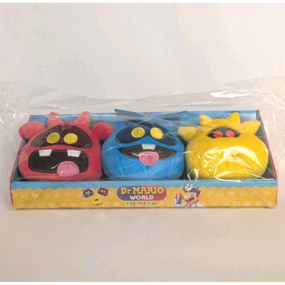 Dr. Mario World Plush Set of 3 Virus Sanei Boeki Nintendo Lot In Box Collectors